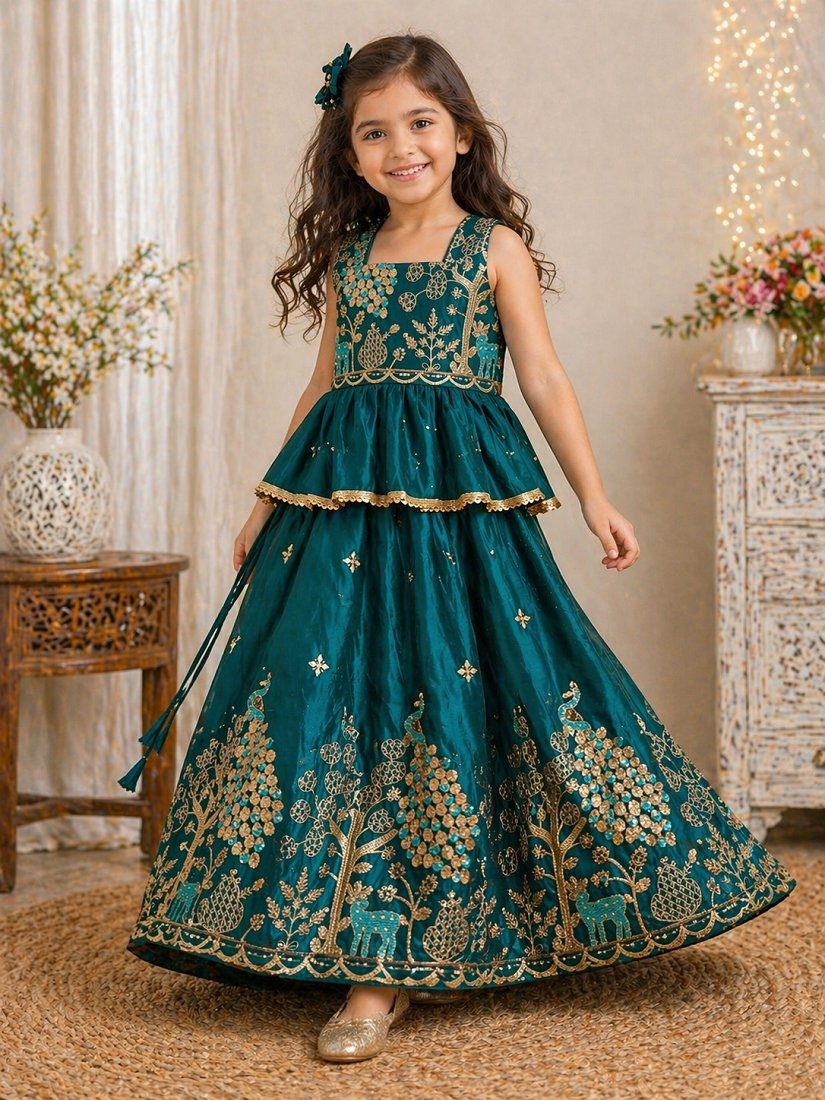 Evanik Blue Pure Gold Crush With Peacock Design Work Kids Lehenga Choli | Grocsy