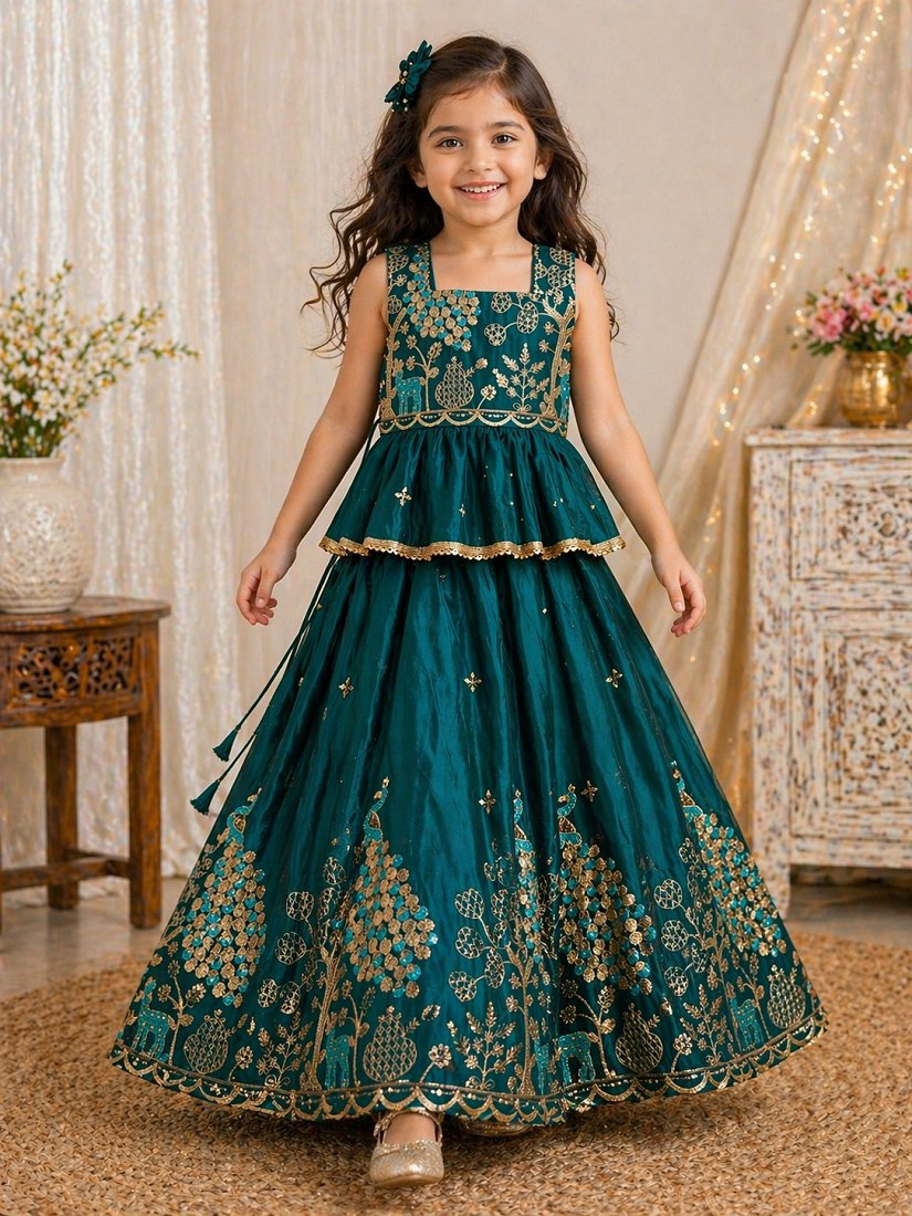 Evanik Blue Pure Gold Crush With Peacock Design Work Kids Lehenga Choli | Grocsy