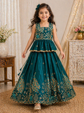 Evanik Blue Pure Gold Crush With Peacock Design Work Kids Lehenga Choli | Grocsy