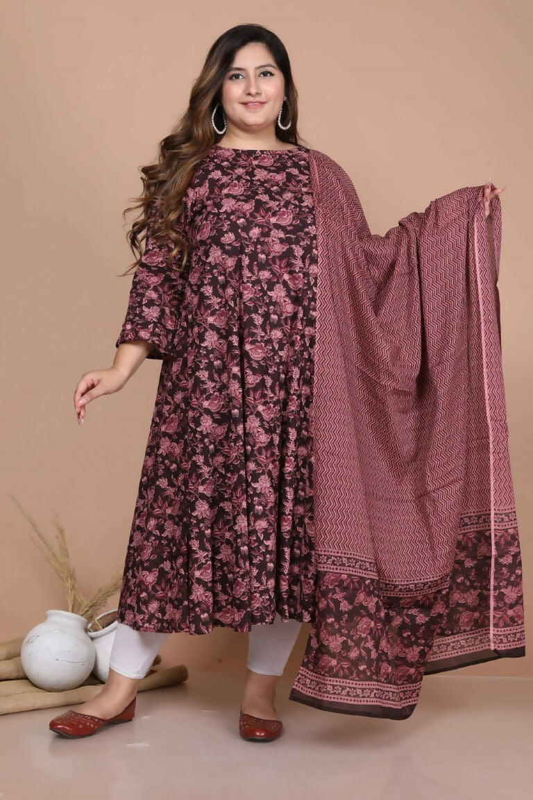 Miravan Women's Plus Size Stunning Maroon Bell Sleeve Floral Printed Anarkali Kurta Dupatta | Grocsy