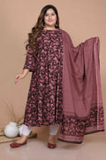 Miravan Women's Plus Size Stunning Maroon Bell Sleeve Floral Printed Anarkali Kurta Dupatta | Grocsy