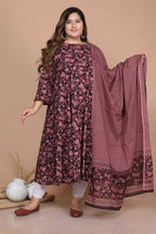 Miravan Women's Plus Size Stunning Maroon Bell Sleeve Floral Printed Anarkali Kurta Dupatta | Grocsy