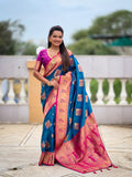 Vedant Vastram Soft Litchi Silk Banarasi Silk Jacquard Saree - Firozi | Grocsy