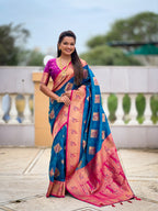 Vedant Vastram Soft Litchi Silk Banarasi Silk Jacquard Saree - Firozi | Grocsy