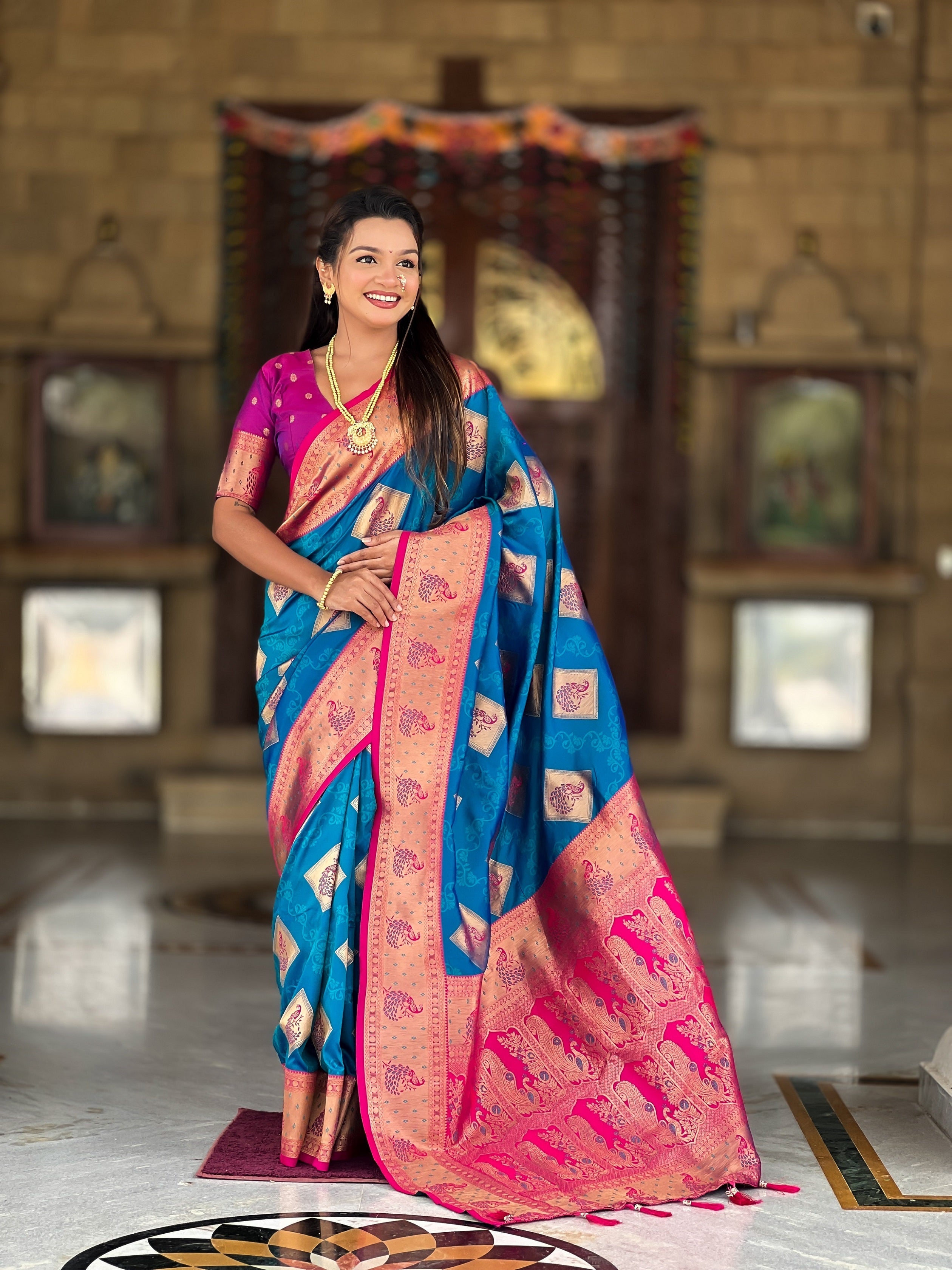 Vedant Vastram Soft Litchi Silk Banarasi Silk Jacquard Saree - Firozi | Grocsy