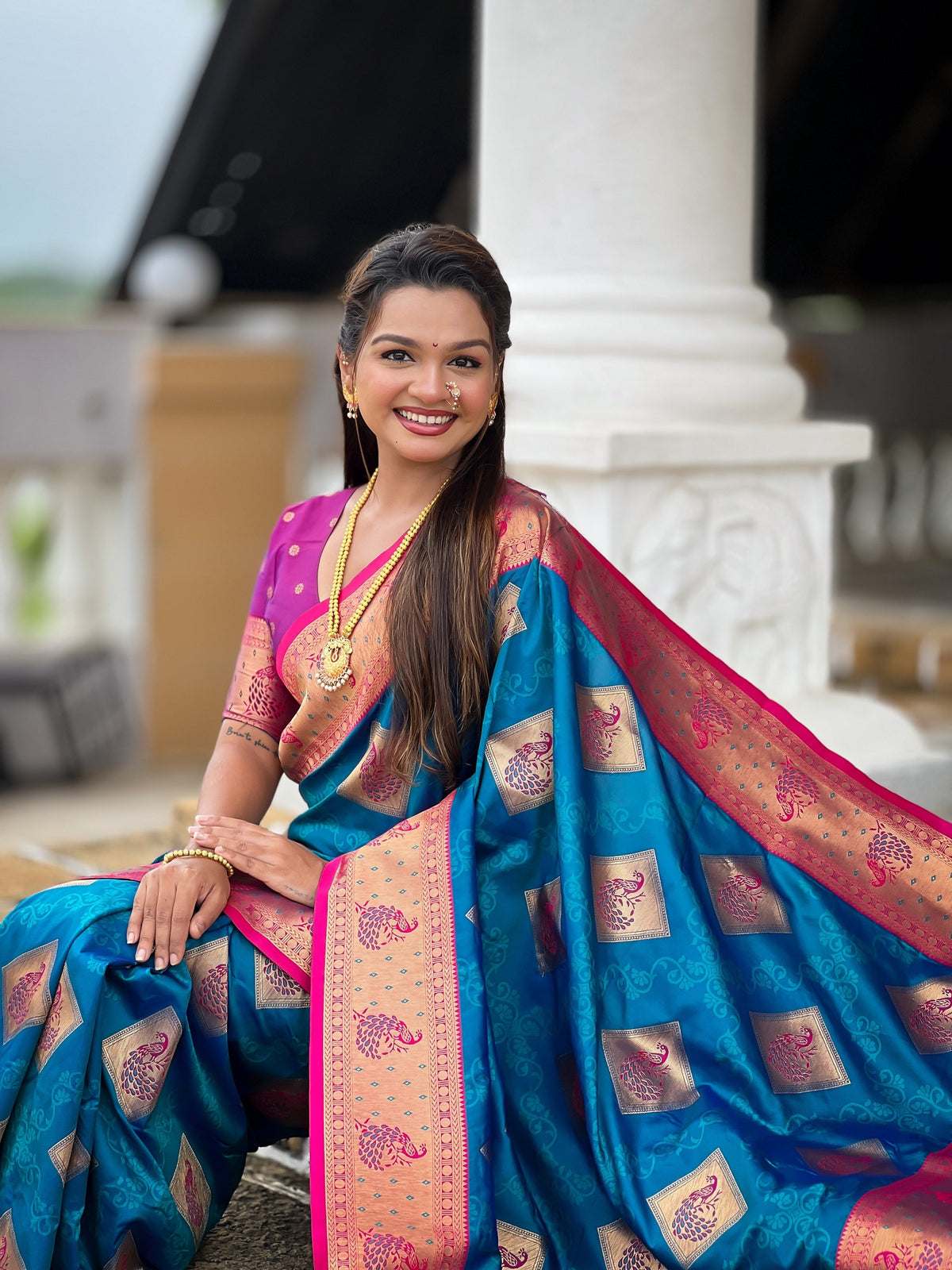 Vedant Vastram Soft Litchi Silk Banarasi Silk Jacquard Saree - Firozi | Grocsy