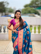 Vedant Vastram Soft Litchi Silk Banarasi Silk Jacquard Saree - Firozi | Grocsy