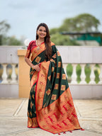 Vedant Vastram Soft Litchi Silk Banarasi Silk Jacquard Saree - Green | Grocsy