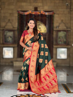 Vedant Vastram Soft Litchi Silk Banarasi Silk Jacquard Saree - Green | Grocsy