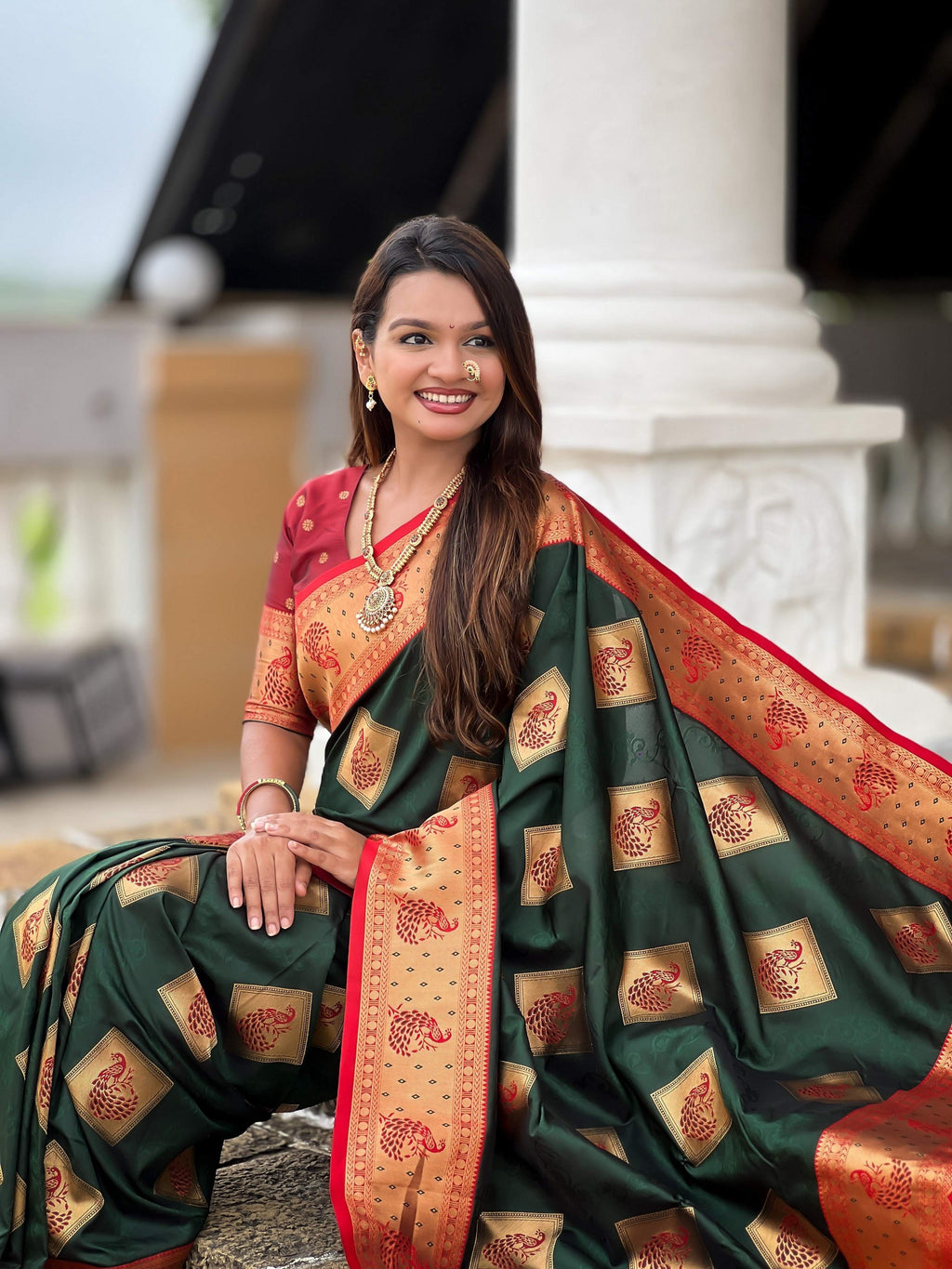 Vedant Vastram Soft Litchi Silk Banarasi Silk Jacquard Saree - Green | Grocsy