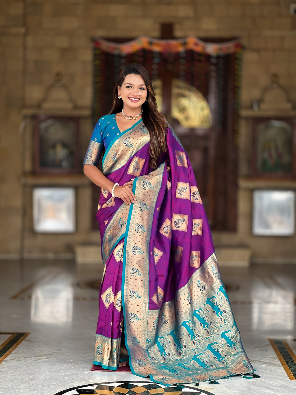 Vedant Vastram Soft Litchi Silk Banarasi Silk Jacquard Saree - Magenta | Grocsy