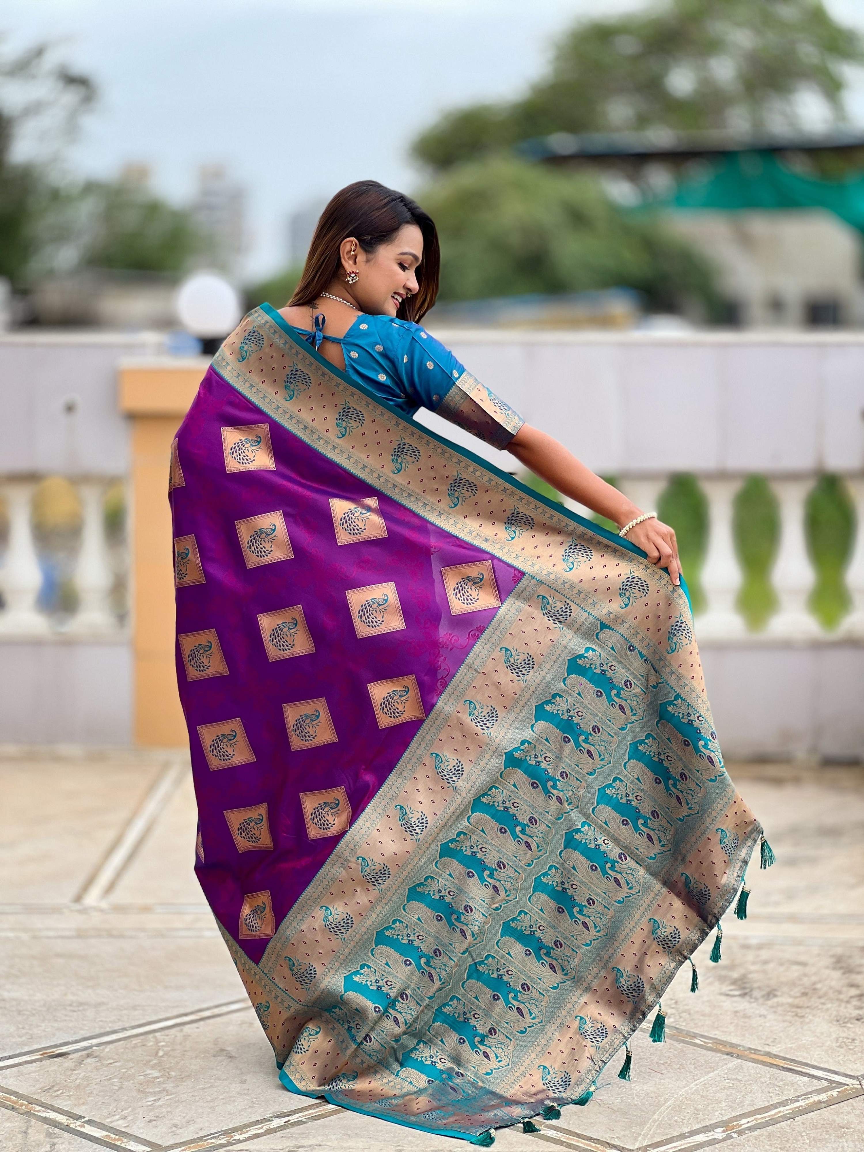 Vedant Vastram Soft Litchi Silk Banarasi Silk Jacquard Saree - Magenta | Grocsy