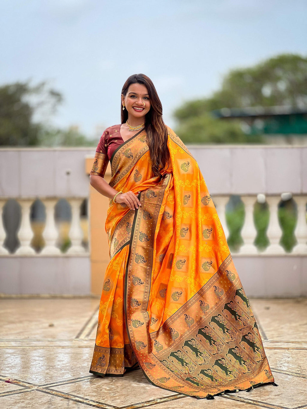 Vedant Vastram Soft Litchi Silk Banarasi Silk Jacquard Saree - Mustard | Grocsy