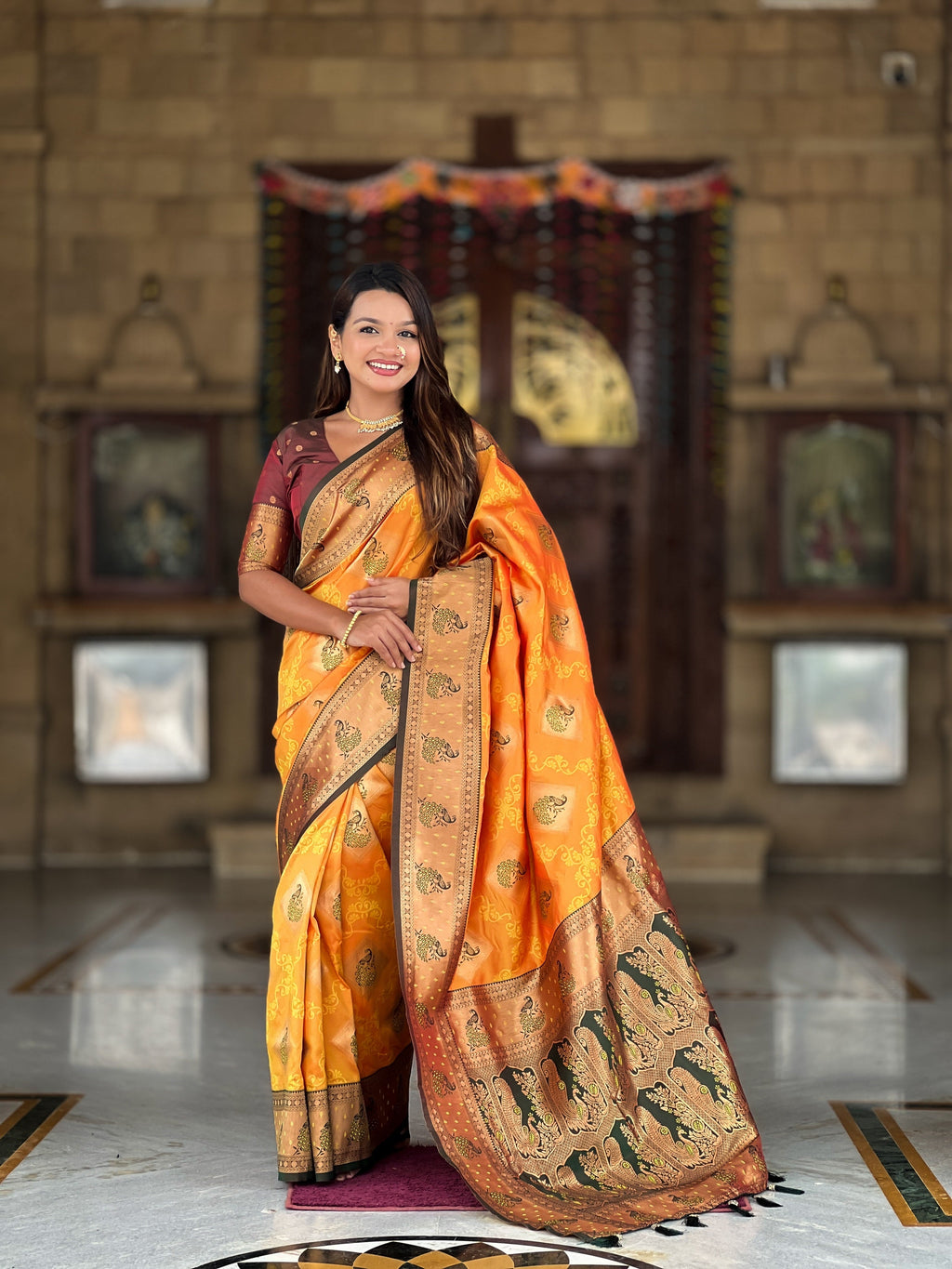 Vedant Vastram Soft Litchi Silk Banarasi Silk Jacquard Saree - Mustard | Grocsy