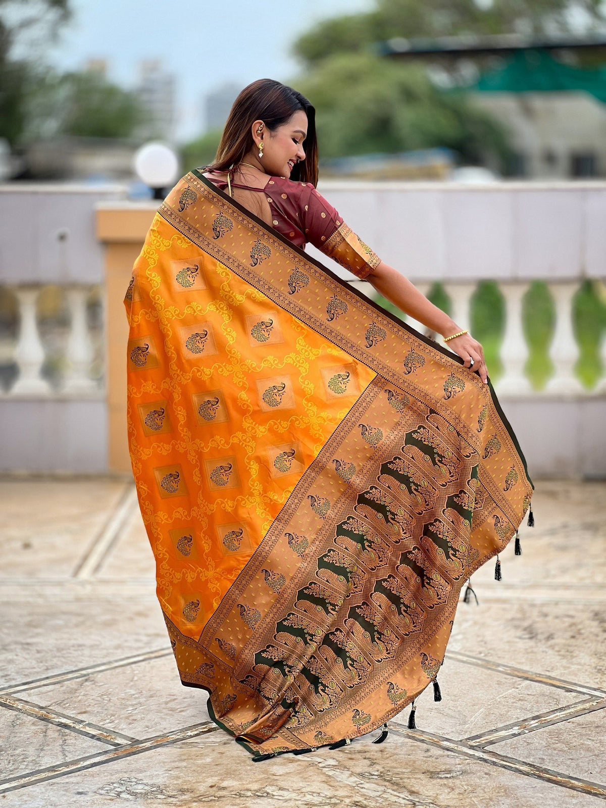 Vedant Vastram Soft Litchi Silk Banarasi Silk Jacquard Saree - Mustard | Grocsy