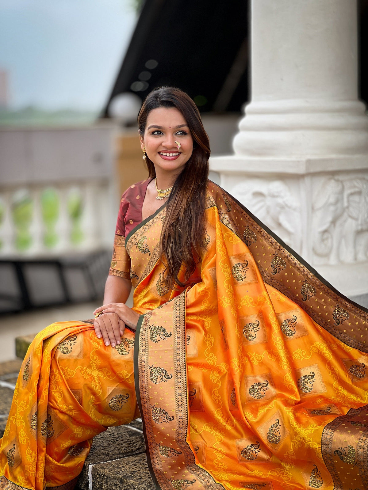 Vedant Vastram Soft Litchi Silk Banarasi Silk Jacquard Saree - Mustard | Grocsy