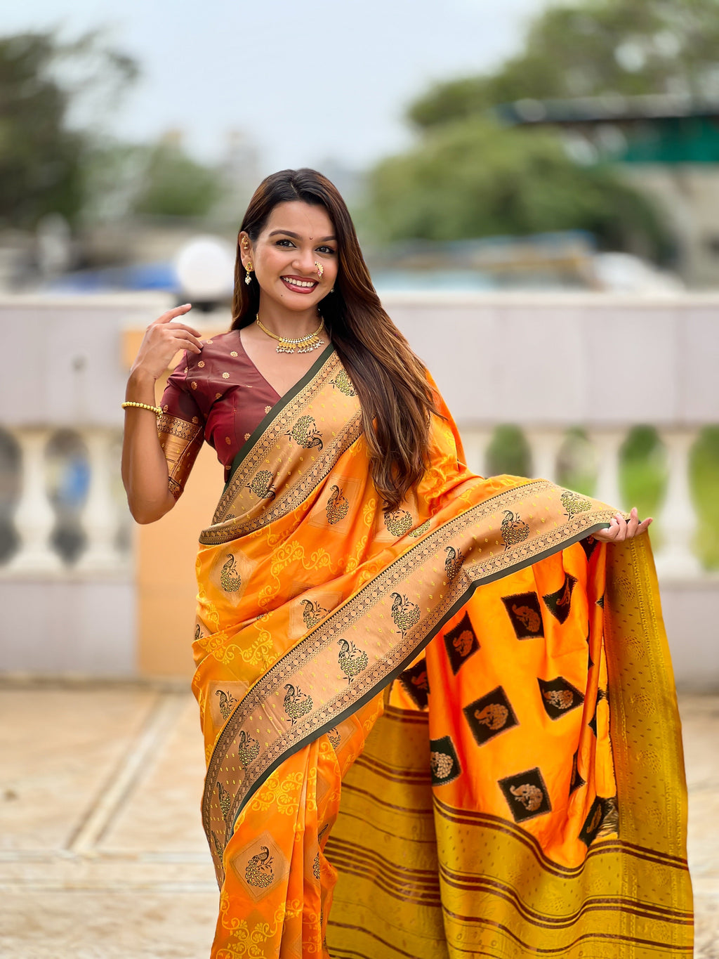 Vedant Vastram Soft Litchi Silk Banarasi Silk Jacquard Saree - Mustard | Grocsy