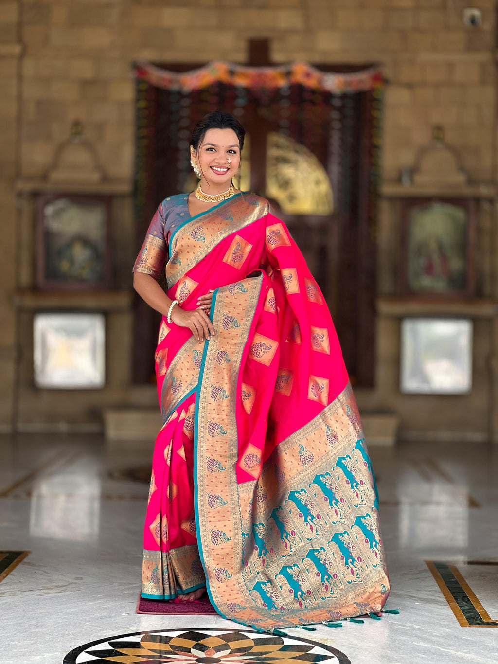Vedant Vastram Soft Litchi Silk Banarasi Silk Jacquard Saree - Pink | Grocsy