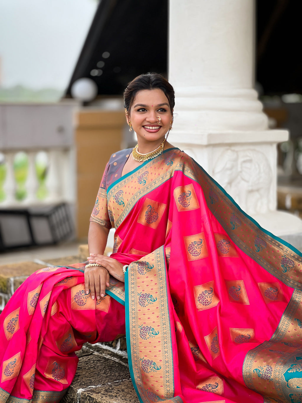 Vedant Vastram Soft Litchi Silk Banarasi Silk Jacquard Saree - Pink | Grocsy