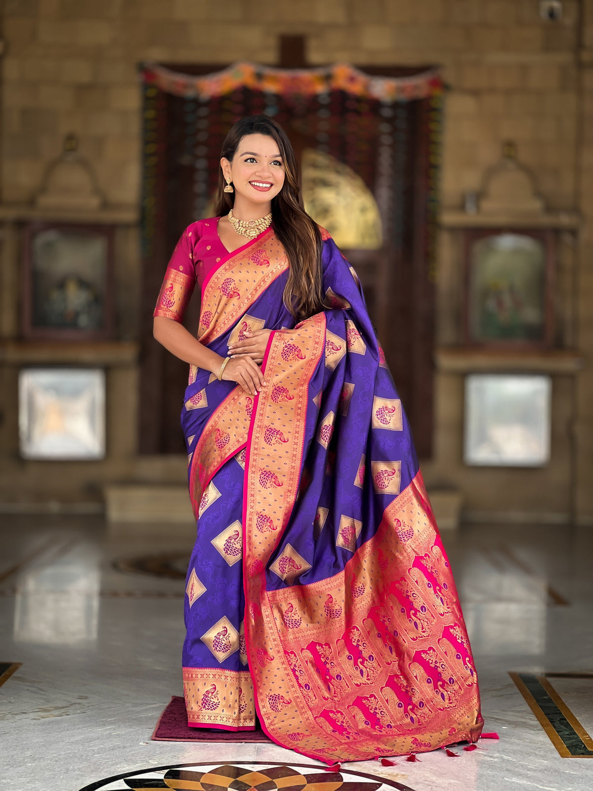 Vedant Vastram Soft Litchi Silk Banarasi Silk Jacquard Saree - Violet | Grocsy