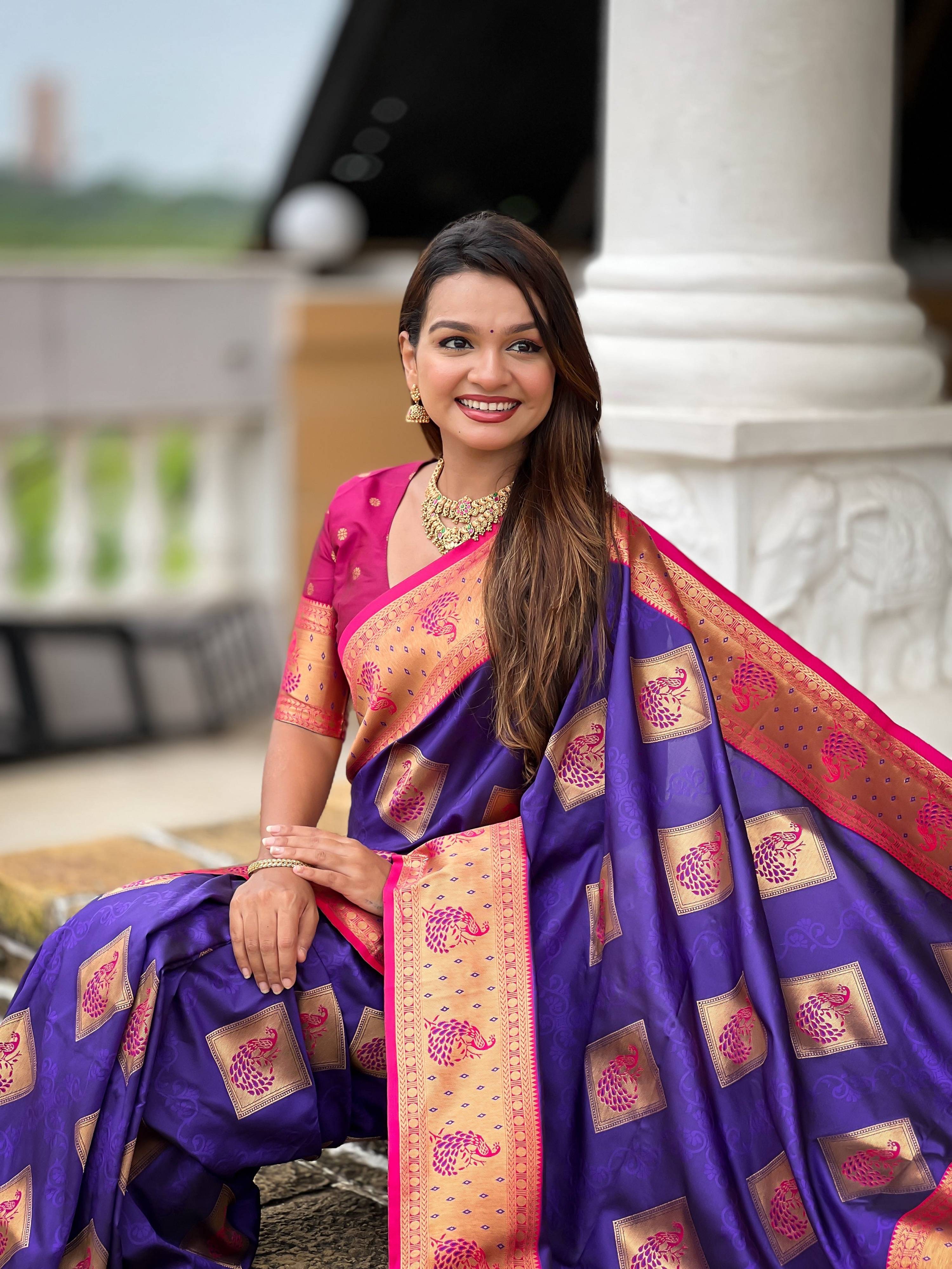 Vedant Vastram Soft Litchi Silk Banarasi Silk Jacquard Saree - Violet | Grocsy