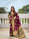 Vedant Vastram Soft Litchi Silk Banarasi Silk Jacquard Saree - Wine | Grocsy