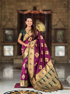 Vedant Vastram Soft Litchi Silk Banarasi Silk Jacquard Saree - Wine | Grocsy