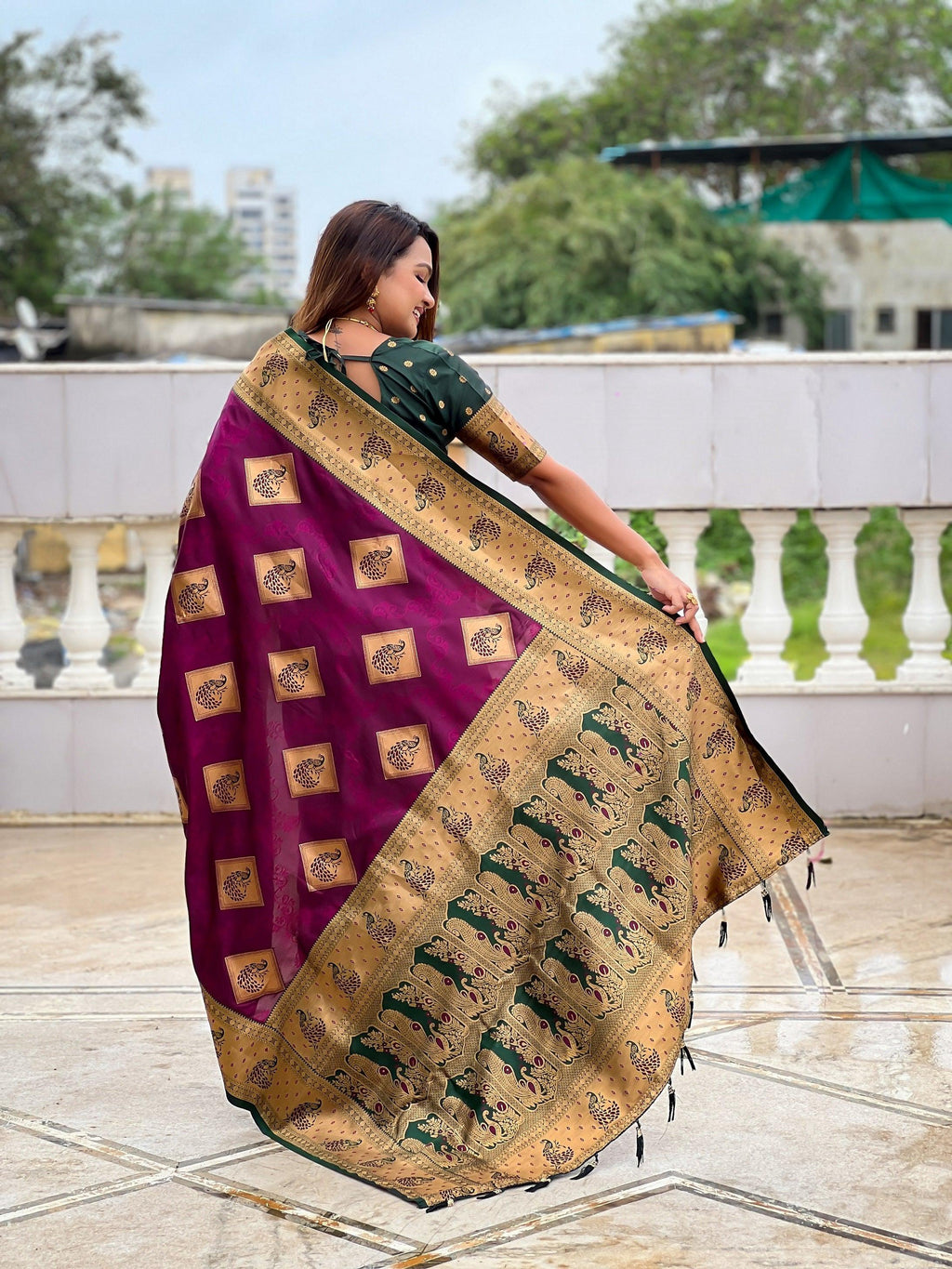 Vedant Vastram Soft Litchi Silk Banarasi Silk Jacquard Saree - Wine | Grocsy