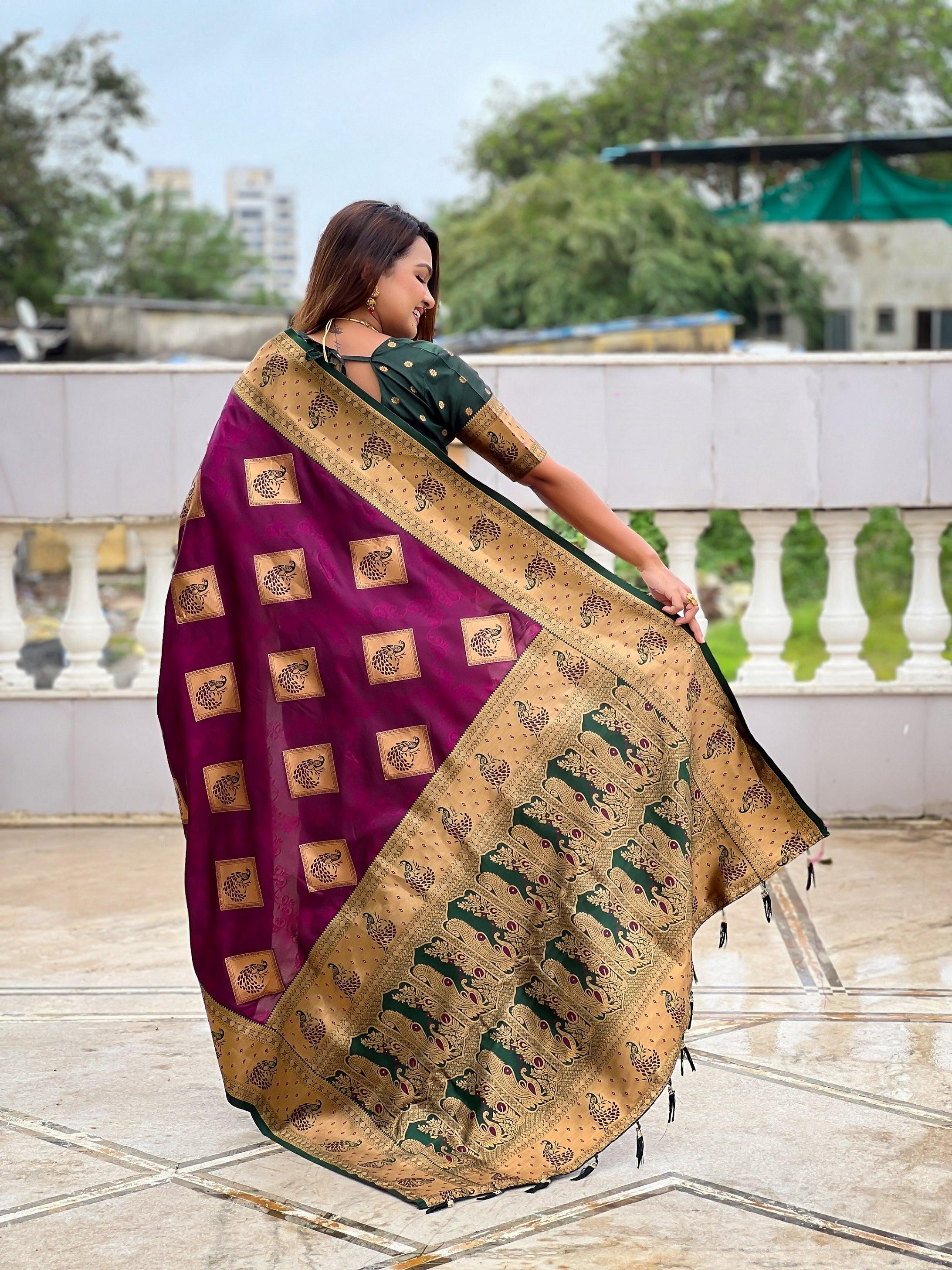 Vedant Vastram Soft Litchi Silk Banarasi Silk Jacquard Saree - Wine | Grocsy