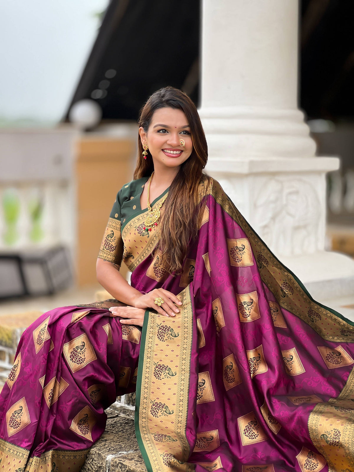 Vedant Vastram Soft Litchi Silk Banarasi Silk Jacquard Saree - Wine | Grocsy