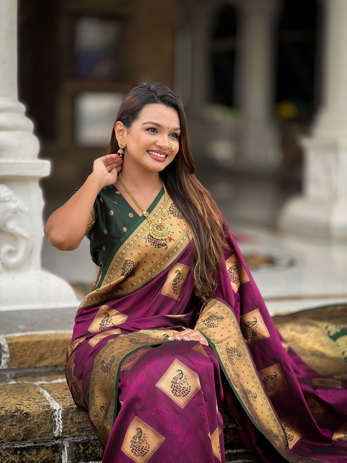 Vedant Vastram Soft Litchi Silk Banarasi Silk Jacquard Saree - Wine | Grocsy