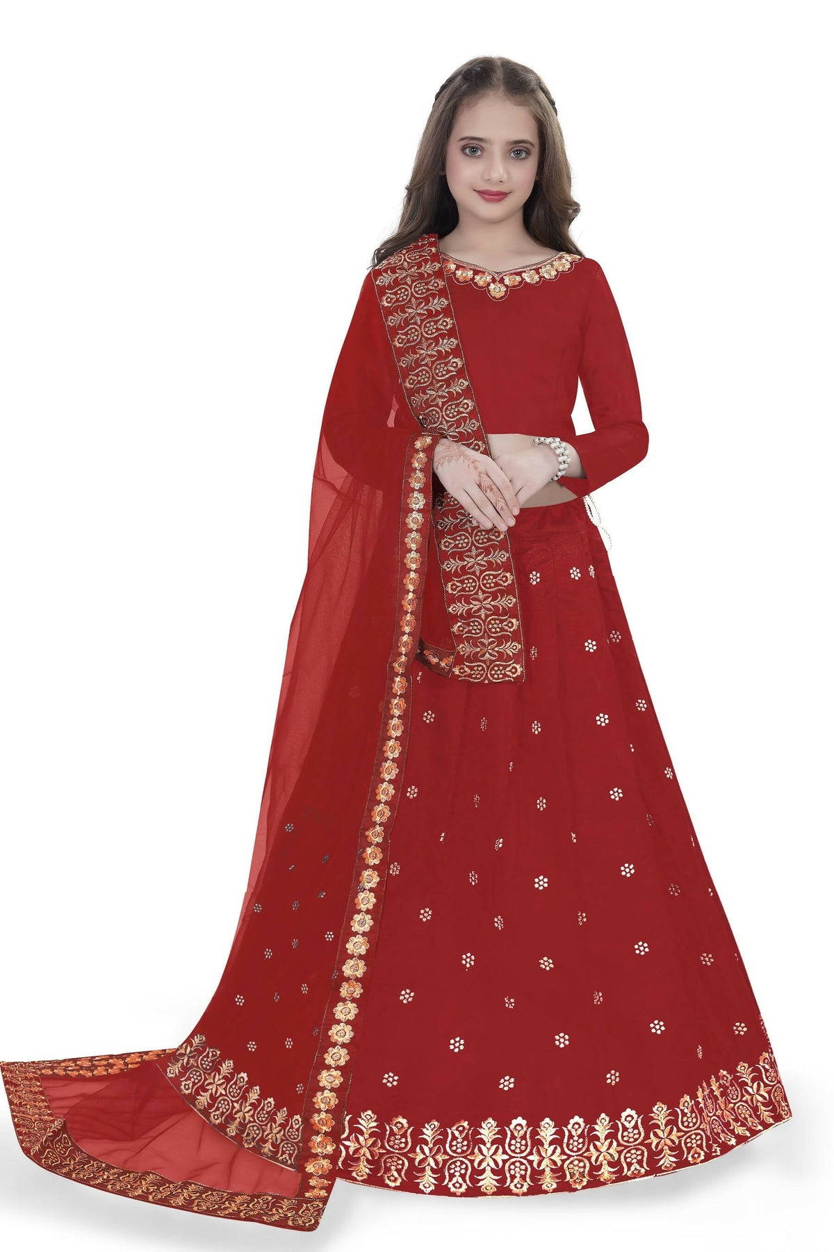 Dwiden Red Queen Tafetta Sattin Semi-Stitched Girl's Lehenga Choli | Grocsy