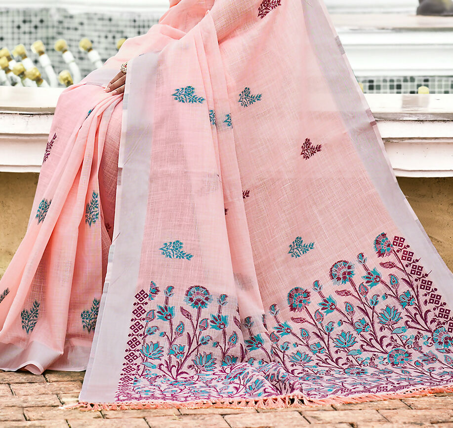 Sangam Prints Pink Linen Woven Work Traditional Saree | Grocsy