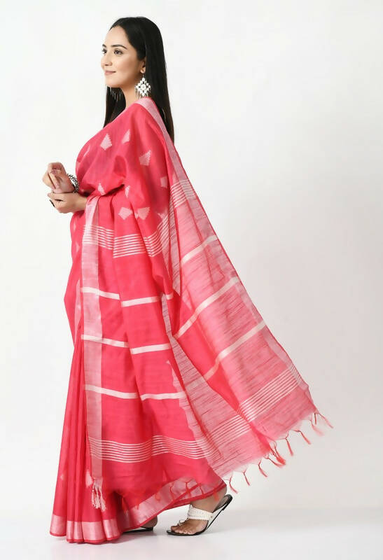 Mominos Fashion Moeza Rose Pink All Over Buti Handloom Silk Saree with unstitched Blouse piece | Grocsy