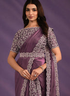 Light Purple Crepe Satin Silk Embroidered Saree With Stitched Blouse - Mohmanthan Exotica | Grocsy