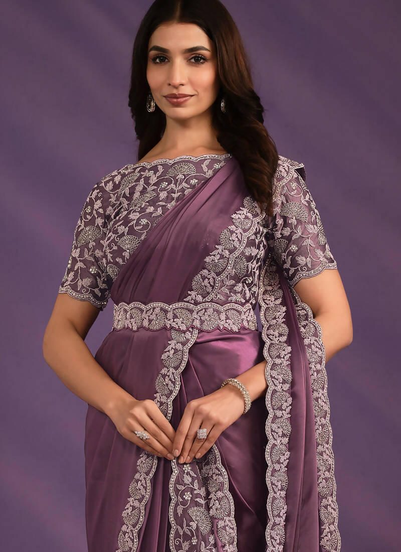 Light Purple Crepe Satin Silk Embroidered Saree With Stitched Blouse - Mohmanthan Exotica | Grocsy