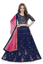 Dwiden Navy Blue Rohini Tafetta Sattin Semi-Stitched Girl's Lehenga Choli | Grocsy