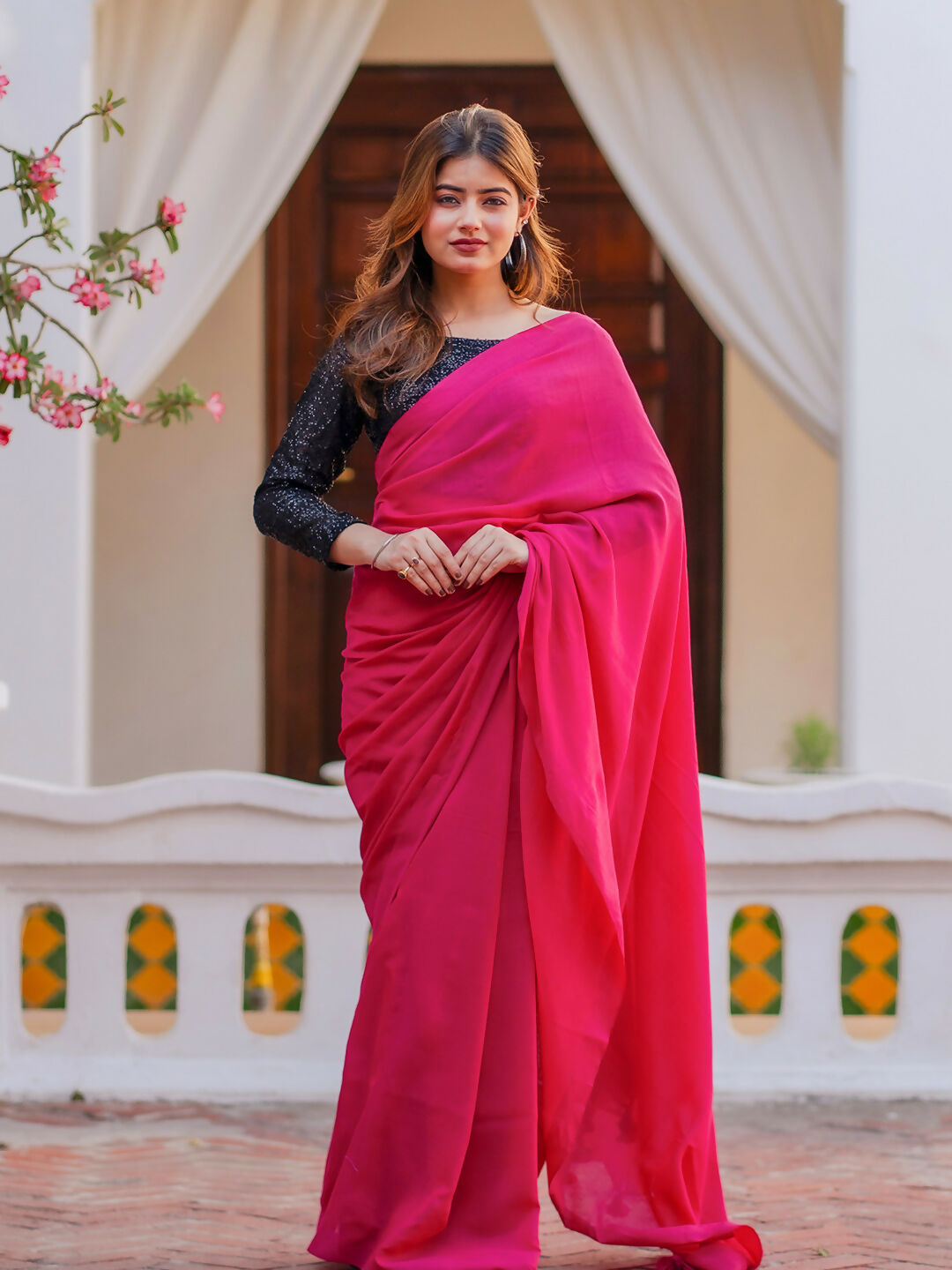 Zibaa Hand-Dyed Mul Cotton Pink Saree with Tassels | Grocsy