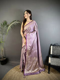 Joban Fashion Lavender Floral Motifs & Ethnic Design Soft Satin Silk Kanchipuram Saree | Grocsy