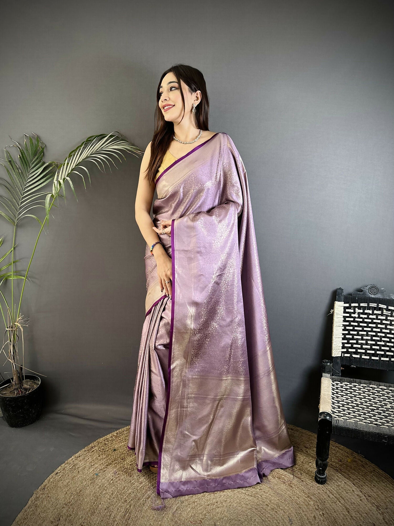 Joban Fashion Lavender Floral Motifs & Ethnic Design Soft Satin Silk Kanchipuram Saree | Grocsy