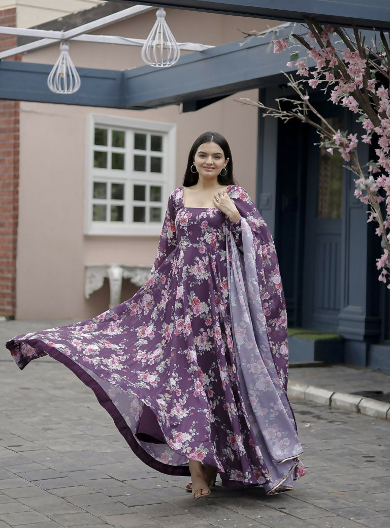 Jyoti Fashion Women's Wine Faux Georgette Floral Digital Printed Anarkali Dress with Dupatta | Grocsy