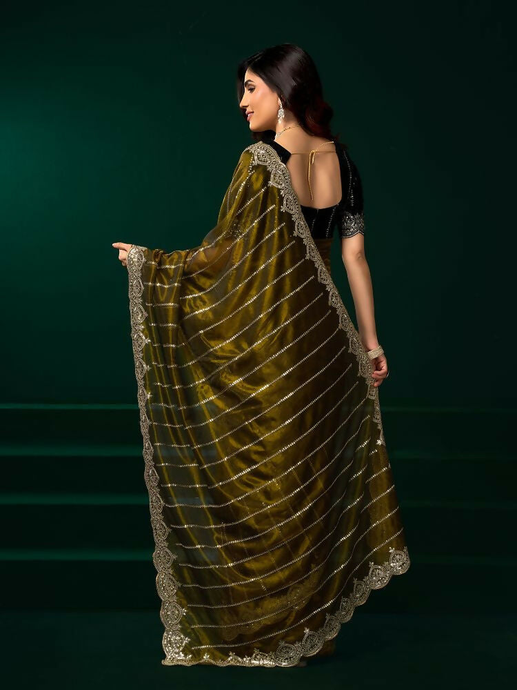 Joban Fashion Mehendi Green Net Party Wear Sarees | Grocsy
