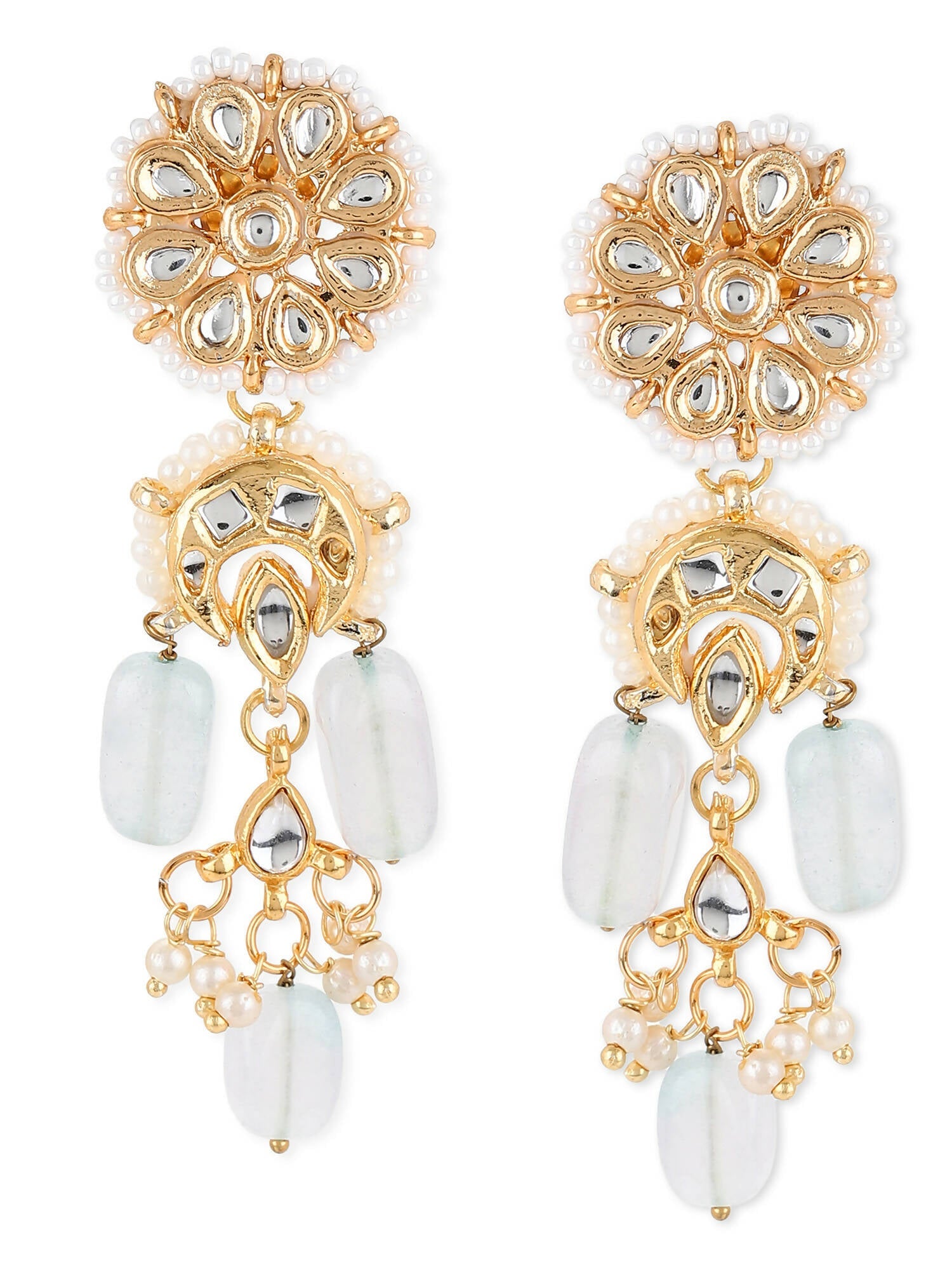 Gold-Toned White Kundan Contemporary Gold-Polished Drop Earrings - Ruby Raang | Grocsy