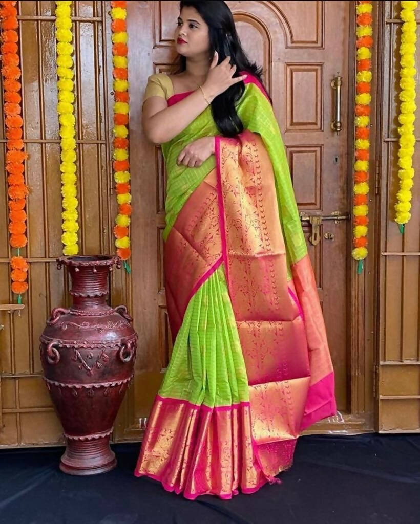 DEIANA'S Beautiful Designer Golden zari Soft Lichi Silk Saree - Parrot | Grocsy