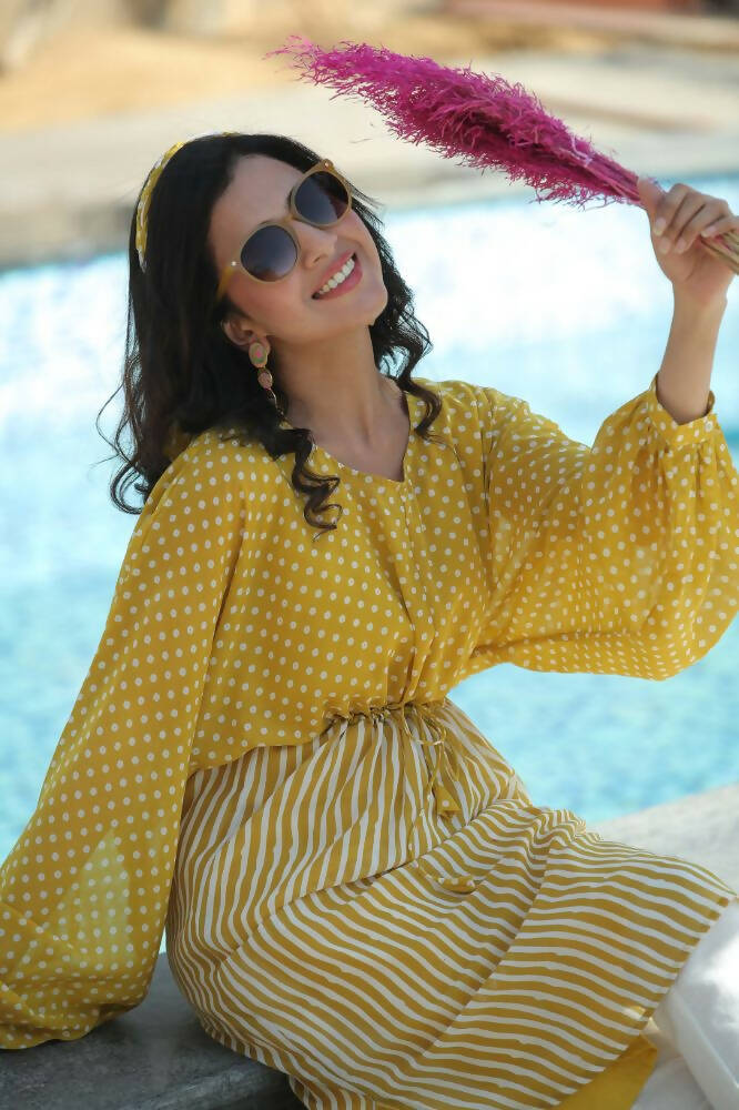 Juniper Women Mustard Georgette Bandhani High-Low Tunic | Grocsy