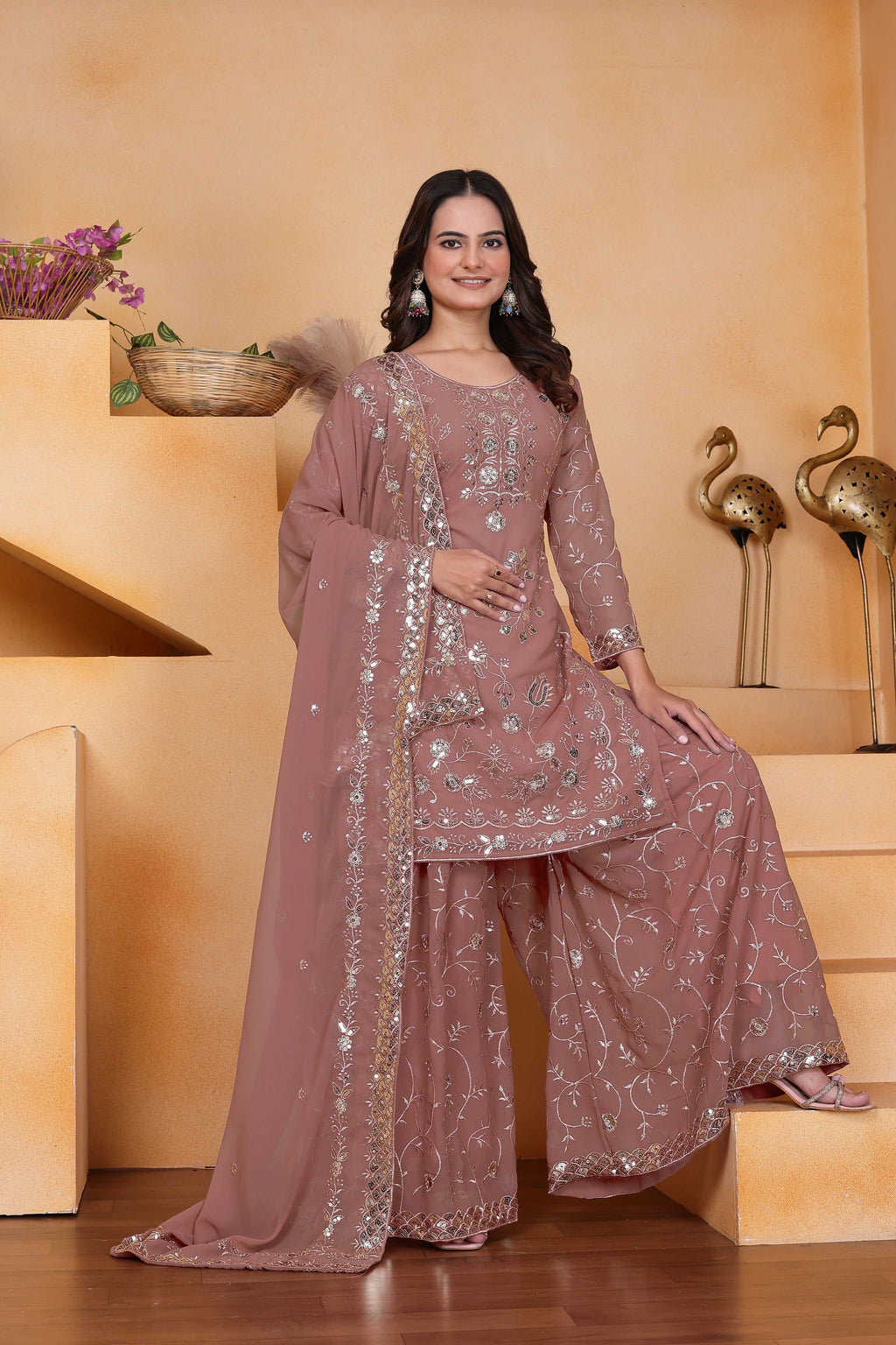 Lehenga Mart Designer Sharara Suit With Kurta, Sharara, Dupatta For Women-Mauve | Grocsy