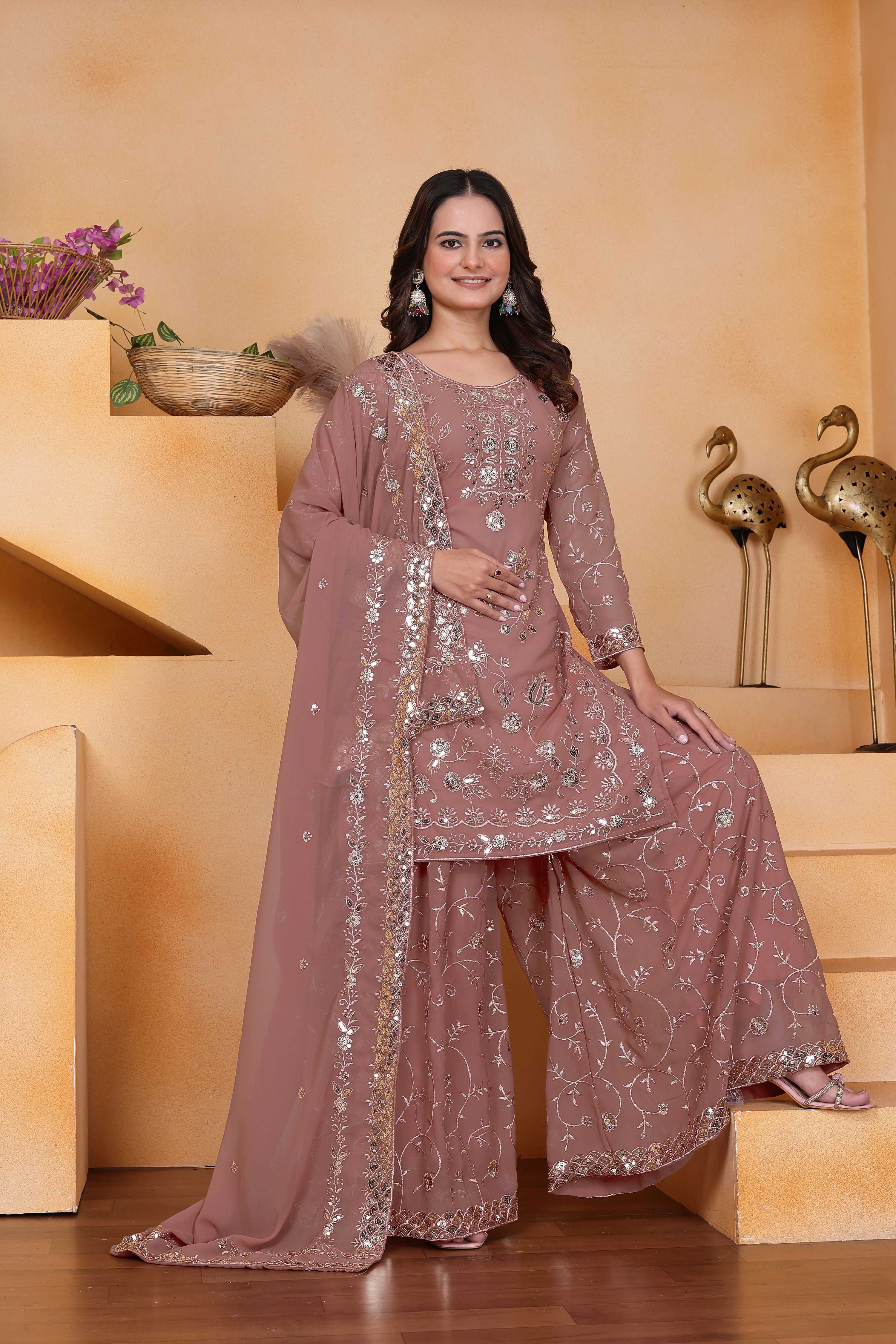 Lehenga Mart Designer Sharara Suit With Kurta, Sharara, Dupatta For Women-Mauve | Grocsy