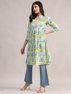 Aavyora Women's Off-White and Blue Cotton A-Line Tunic with Blue and Green Floral Print. | Grocsy