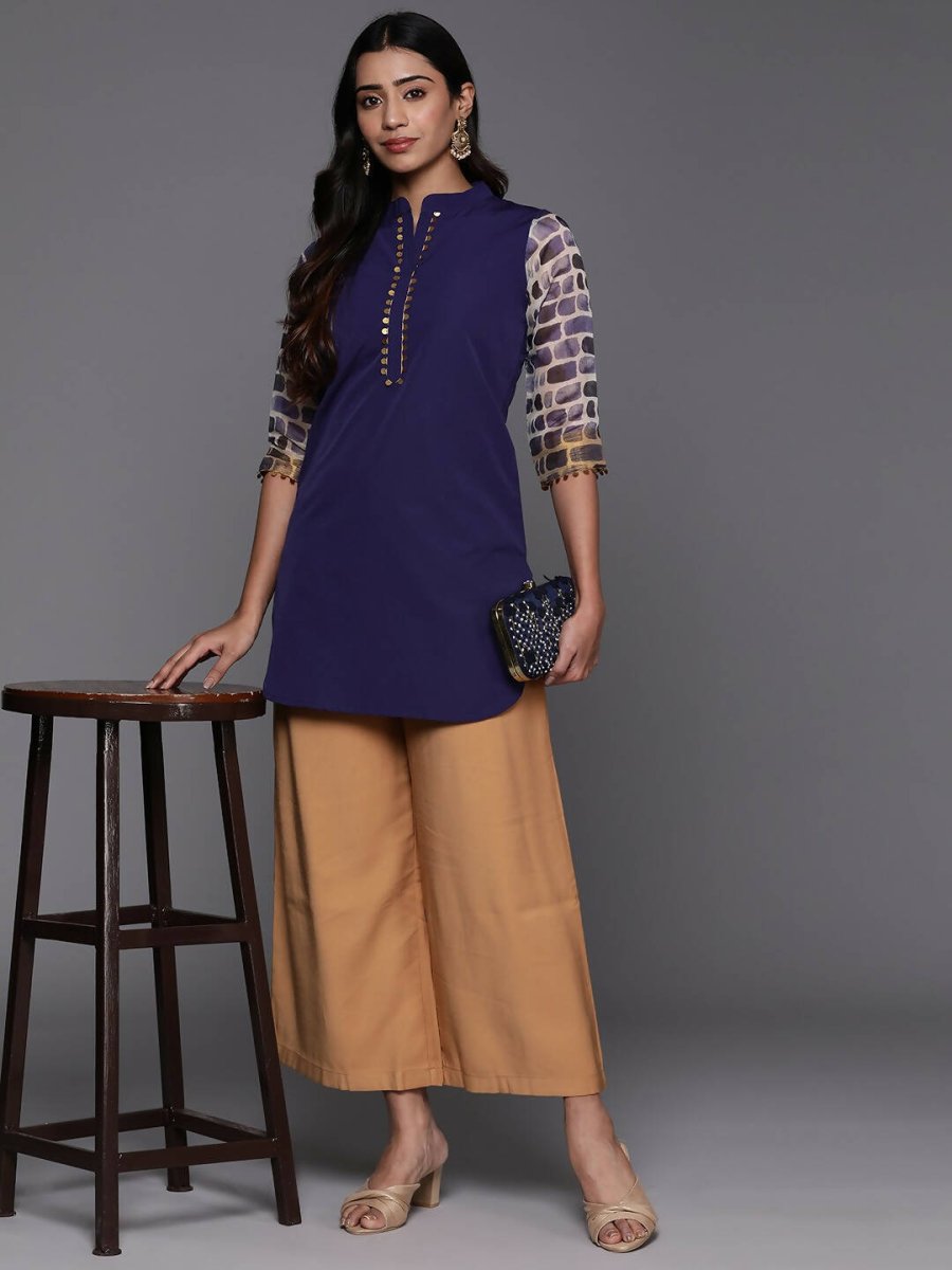 Ahalyaa Blue & Gold-Toned Mandarin Collar Printed Tunic - Blue Color | Grocsy