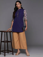 Ahalyaa Blue & Gold-Toned Mandarin Collar Printed Tunic - Blue Color | Grocsy